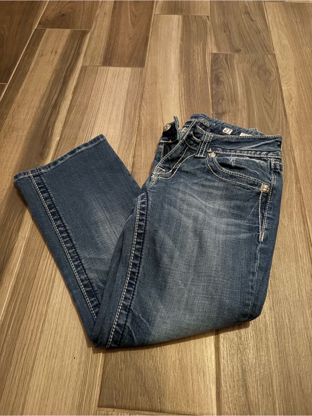 Miss Me Dark Blue Stretch Denim Jeans with Faded Whiskering